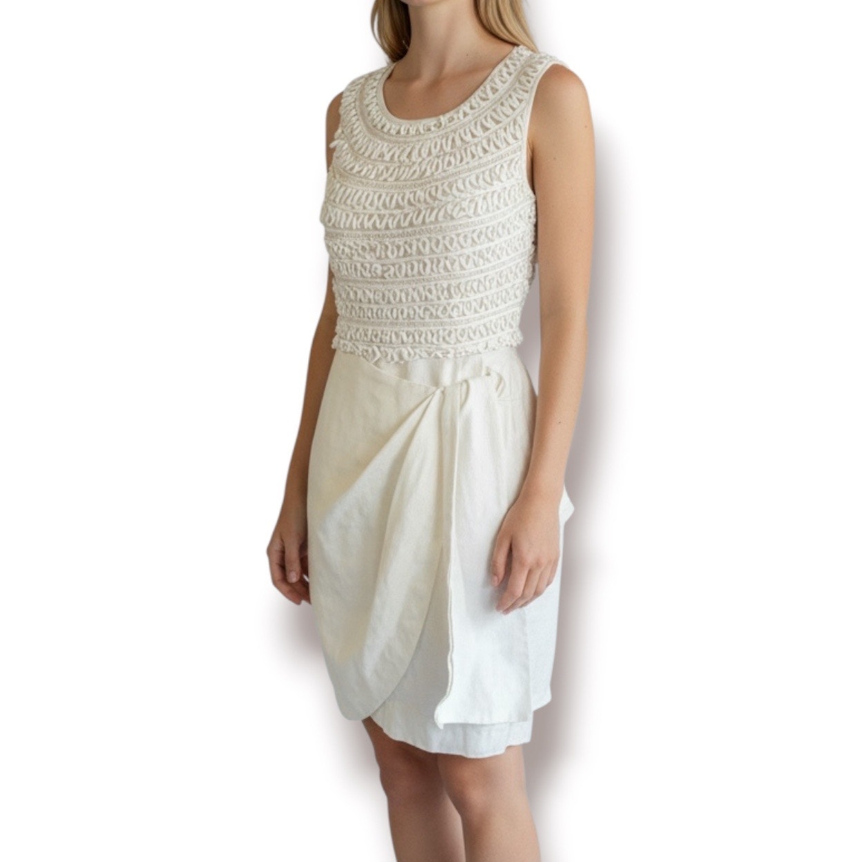 3.1 Phillip Lim Cream Linen Silk Ribbon Detail Dress Size 0 Boho Wedding